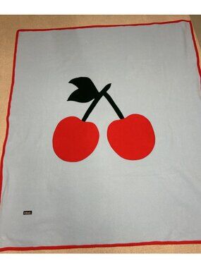 Vintage Girlfriends LA Brand Blanket Light Blue With Cherries Cherry Red Trim